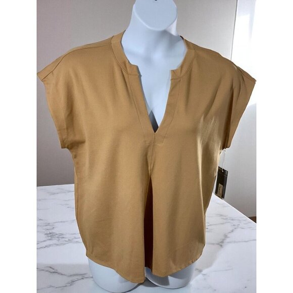 Worthington Size XXL Honey Gold Cap Sleeve Relaxed Fit Split Neck Blouse NEW - Picture 2 of 8